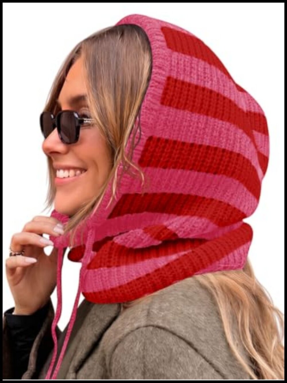Ribbed Knit Balaclava Beanie Hooded Scarf with Drawstring